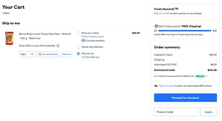 PetSmart Canada cart with the Promo Code box and Apply button, prices in CAD (petsmart.ca, October 2026) PetSmart Canada cart with the Promo Code box and Apply button, prices in CAD (petsmart.ca, October 2026)