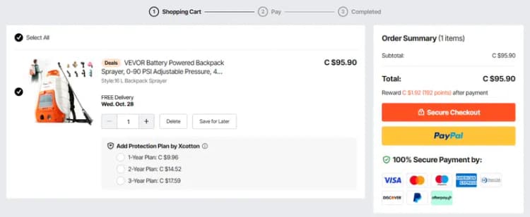VEVOR Canada shopping cart with prices in CAD; the cart page itself shows no coupon code field (Canadian website, October 2026) VEVOR Canada shopping cart with prices in CAD; the cart page itself shows no coupon code field (Canadian website, October 2026)