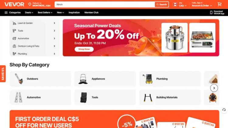 VEVOR Canada homepage with the First Order Deal C$5 off for new users banner and the Save 5% tab, prices in CAD (Canadian website, October 2026) VEVOR Canada homepage with the First Order Deal C$5 off for new users banner and the Save 5% tab, prices in CAD (Canadian website, October 2026)