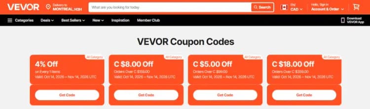VEVOR Canada Coupon Center listing 4% off, C$5 off over C$99, C$8 off over C$159 and C$18 off over C$359, valid Oct 14 to Nov 14, 2026 UTC (Canadian website, October 2026) VEVOR Canada Coupon Center listing 4% off, C$5 off over C$99, C$8 off over C$159 and C$18 off over C$359, valid Oct 14 to Nov 14, 2026 UTC (Canadian website, October 2026)