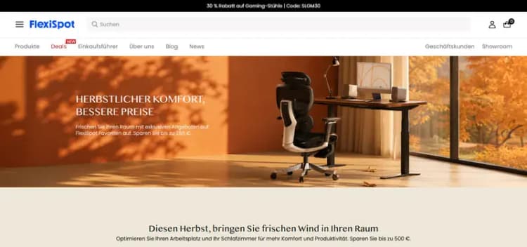 Deals-Seite des deutschen FlexiSpot Shops mit dem Hinweis „30 % Rabatt auf Gaming-Stühle | Code: SLGM30“ (deutsche Website, Oktober 2026) Deals-Seite des deutschen FlexiSpot Shops mit dem Hinweis „30 % Rabatt auf Gaming-Stühle | Code: SLGM30“ (deutsche Website, Oktober 2026)