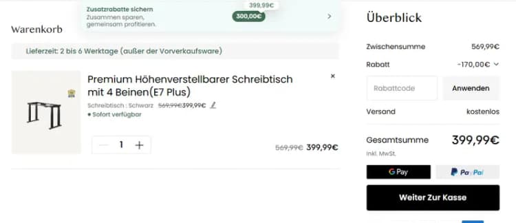 Warenkorb im deutschen FlexiSpot Shop mit dem Feld „Rabattcode“ unter „Überblick“, Preise in EUR (deutsche Website, Oktober 2026) Warenkorb im deutschen FlexiSpot Shop mit dem Feld „Rabattcode“ unter „Überblick“, Preise in EUR (deutsche Website, Oktober 2026)