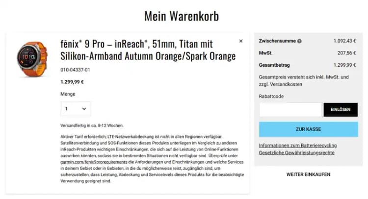 Garmin Warenkorb in Deutschland mit dem Feld „Rabattcode“ und der Schaltfläche „EINLÖSEN“, Preise in EUR (garmin.com/de-DE, Oktober 2026) Garmin Warenkorb in Deutschland mit dem Feld „Rabattcode“ und der Schaltfläche „EINLÖSEN“, Preise in EUR (garmin.com/de-DE, Oktober 2026)