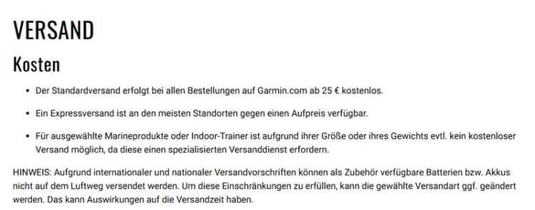 Versandinformationen von Garmin Deutschland mit kostenlosem Standardversand ab 25 € und 30 Tagen Rückgabe (garmin.com/de-DE, Oktober 2026) Versandinformationen von Garmin Deutschland mit kostenlosem Standardversand ab 25 € und 30 Tagen Rückgabe (garmin.com/de-DE, Oktober 2026)