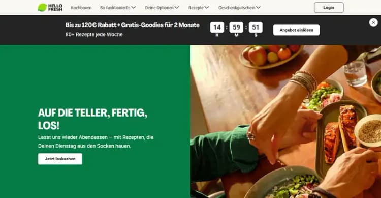 Startseite von HelloFresh Deutschland mit dem Banner „Bis zu 120€ Rabatt + Gratis-Goodies für 2 Monate“, Oktober 2026 Startseite von HelloFresh Deutschland mit dem Banner „Bis zu 120€ Rabatt + Gratis-Goodies für 2 Monate“, Oktober 2026