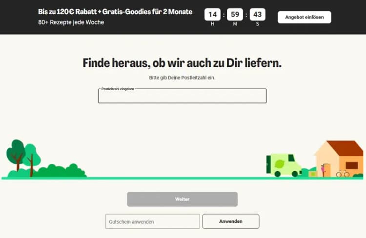 Anmeldeschritt auf der deutschen HelloFresh Website mit der Postleitzahl-Eingabe und dem Feld „Gutschein anwenden“, Oktober 2026 Anmeldeschritt auf der deutschen HelloFresh Website mit der Postleitzahl-Eingabe und dem Feld „Gutschein anwenden“, Oktober 2026