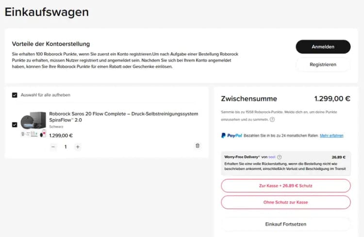 Warenkorb im deutschen Roborock-Onlineshop mit Preisen in Euro; im Warenkorb ist kein Rabattcode-Feld zu sehen (de.roborock.com, Oktober 2026) Warenkorb im deutschen Roborock-Onlineshop mit Preisen in Euro; im Warenkorb ist kein Rabattcode-Feld zu sehen (de.roborock.com, Oktober 2026)