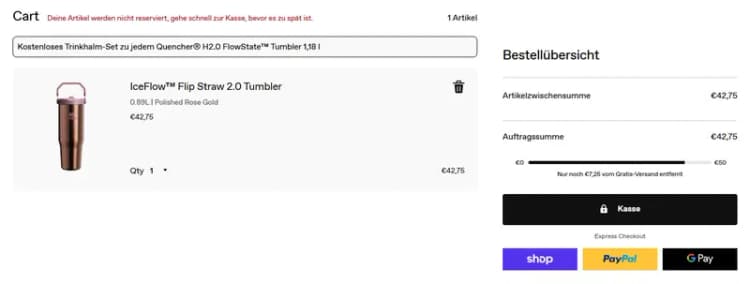 Warenkorb im Stanley 1913 EU-Shop für Deutschland mit der Schaltfläche „Kasse“; im Warenkorb selbst ist kein Code-Feld zu sehen (eu.stanley1913.com/de, Oktober 2026) Warenkorb im Stanley 1913 EU-Shop für Deutschland mit der Schaltfläche „Kasse“; im Warenkorb selbst ist kein Code-Feld zu sehen (eu.stanley1913.com/de, Oktober 2026)