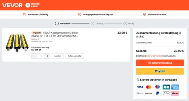 Warenkorb von VEVOR Deutschland mit dem Hinweis „Kostenlose Lieferung“, Preise in EUR (vevor.de, Oktober 2026) Warenkorb von VEVOR Deutschland mit dem Hinweis „Kostenlose Lieferung“, Preise in EUR (vevor.de, Oktober 2026)