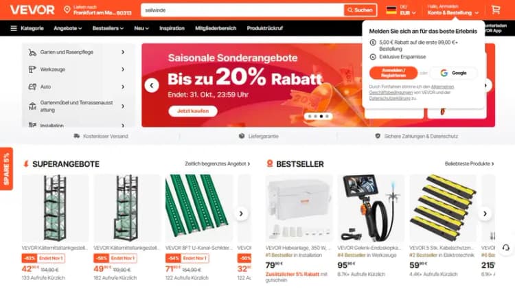 Startseite von VEVOR Deutschland (vevor.de, Oktober 2026) Startseite von VEVOR Deutschland (vevor.de, Oktober 2026)