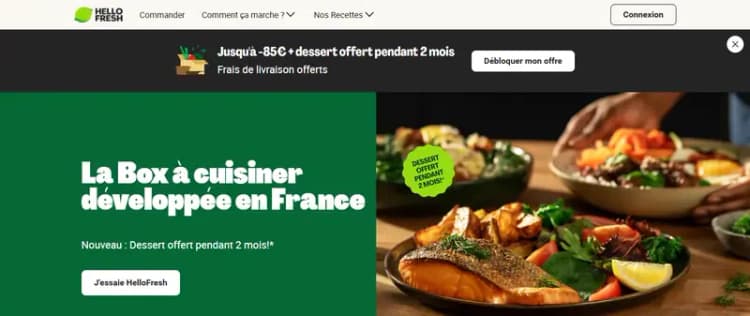 Page d'accueil du site HelloFresh France avec le bandeau de l'offre de bienvenue « Jusqu'à -85€ » et les frais de livraison offerts (octobre 2026) Page d'accueil du site HelloFresh France avec le bandeau de l'offre de bienvenue « Jusqu'à -85€ » et les frais de livraison offerts (octobre 2026)