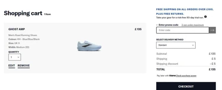 Brooks Running UK shopping cart with the "Enter promo code" box, prices in GBP (brooksrunning.com/en_gb, October 2026) Brooks Running UK shopping cart with the "Enter promo code" box, prices in GBP (brooksrunning.com/en_gb, October 2026)
