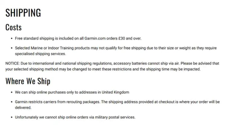 Garmin UK shipping page stating free standard shipping on orders £30 and over, delivery only to UK addresses and 30-day returns (UK website, October 2026) Garmin UK shipping page stating free standard shipping on orders £30 and over, delivery only to UK addresses and 30-day returns (UK website, October 2026)