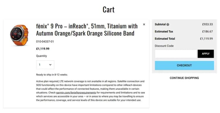 Garmin UK cart with the Discount Code field and APPLY button, prices in GBP (UK website, October 2026) Garmin UK cart with the Discount Code field and APPLY button, prices in GBP (UK website, October 2026)