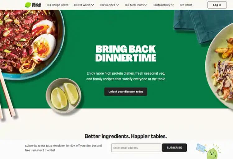 HelloFresh UK homepage with the Unlock your discount today button and the newsletter offer banner (October 2026) HelloFresh UK homepage with the Unlock your discount today button and the newsletter offer banner (October 2026)