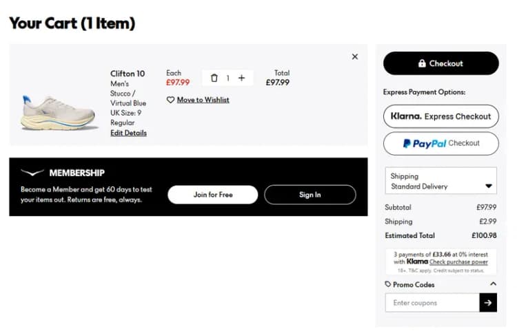 HOKA UK website: the basket with the Promo Codes field open and prices in GBP, October 2026 HOKA UK website: the basket with the Promo Codes field open and prices in GBP, October 2026
