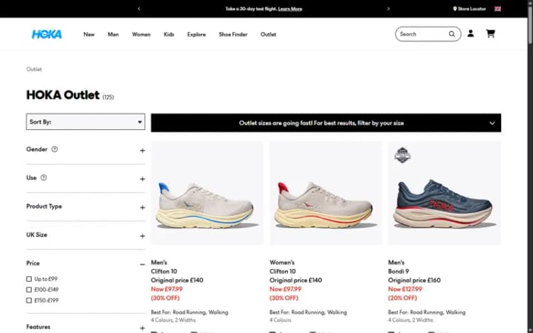 HOKA UK website: the Outlet page with reduced prices in GBP, October 2026 HOKA UK website: the Outlet page with reduced prices in GBP, October 2026