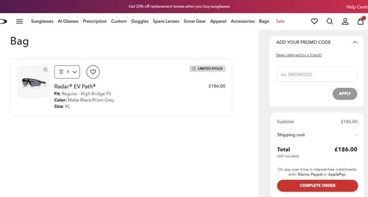Oakley UK website shopping bag with the ADD YOUR PROMO CODE field and prices in GBP, October 2026 Oakley UK website shopping bag with the ADD YOUR PROMO CODE field and prices in GBP, October 2026