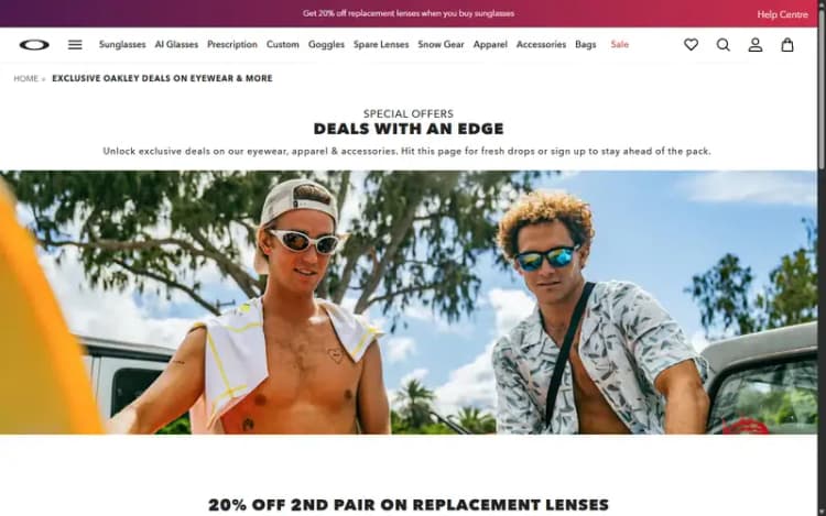 Oakley UK website exclusive deals page with the 20% off a second pair of replacement lenses offer, October 2026 Oakley UK website exclusive deals page with the 20% off a second pair of replacement lenses offer, October 2026