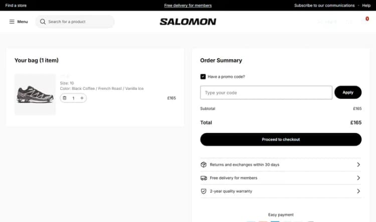 Salomon UK bag with prices in GBP and the "Have a promo code?" field in the Order Summary (salomon.com/en-gb, October 2026) Salomon UK bag with prices in GBP and the "Have a promo code?" field in the Order Summary (salomon.com/en-gb, October 2026)
