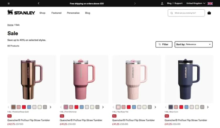 Stanley UK sale page with prices in GBP (uk.stanley1913.com, October 2026) Stanley UK sale page with prices in GBP (uk.stanley1913.com, October 2026)