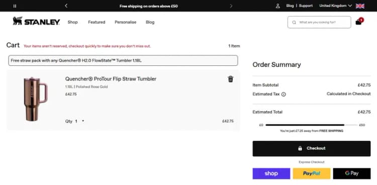 Stanley UK cart with the Checkout button; the cart page itself shows no code box (uk.stanley1913.com, October 2026) Stanley UK cart with the Checkout button; the cart page itself shows no code box (uk.stanley1913.com, October 2026)