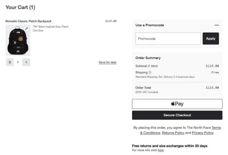 The North Face UK cart with the Use a Promocode section, the Promocode field and the Apply button, prices in GBP (October 2026) The North Face UK cart with the Use a Promocode section, the Promocode field and the Apply button, prices in GBP (October 2026)