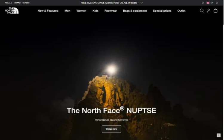 The North Face UK homepage with the Special prices menu and the free size exchange and return banner (October 2026) The North Face UK homepage with the Special prices menu and the free size exchange and return banner (October 2026)