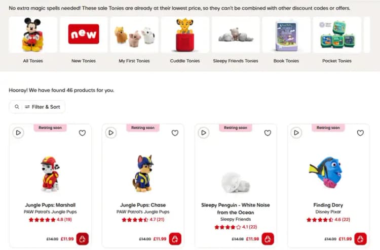 Tonies UK website sale page with sale Tonies reduced from £14.99 to £11.99 and a note that they can't be combined with other discount codes or offers, October 2026 Tonies UK website sale page with sale Tonies reduced from £14.99 to £11.99 and a note that they can't be combined with other discount codes or offers, October 2026